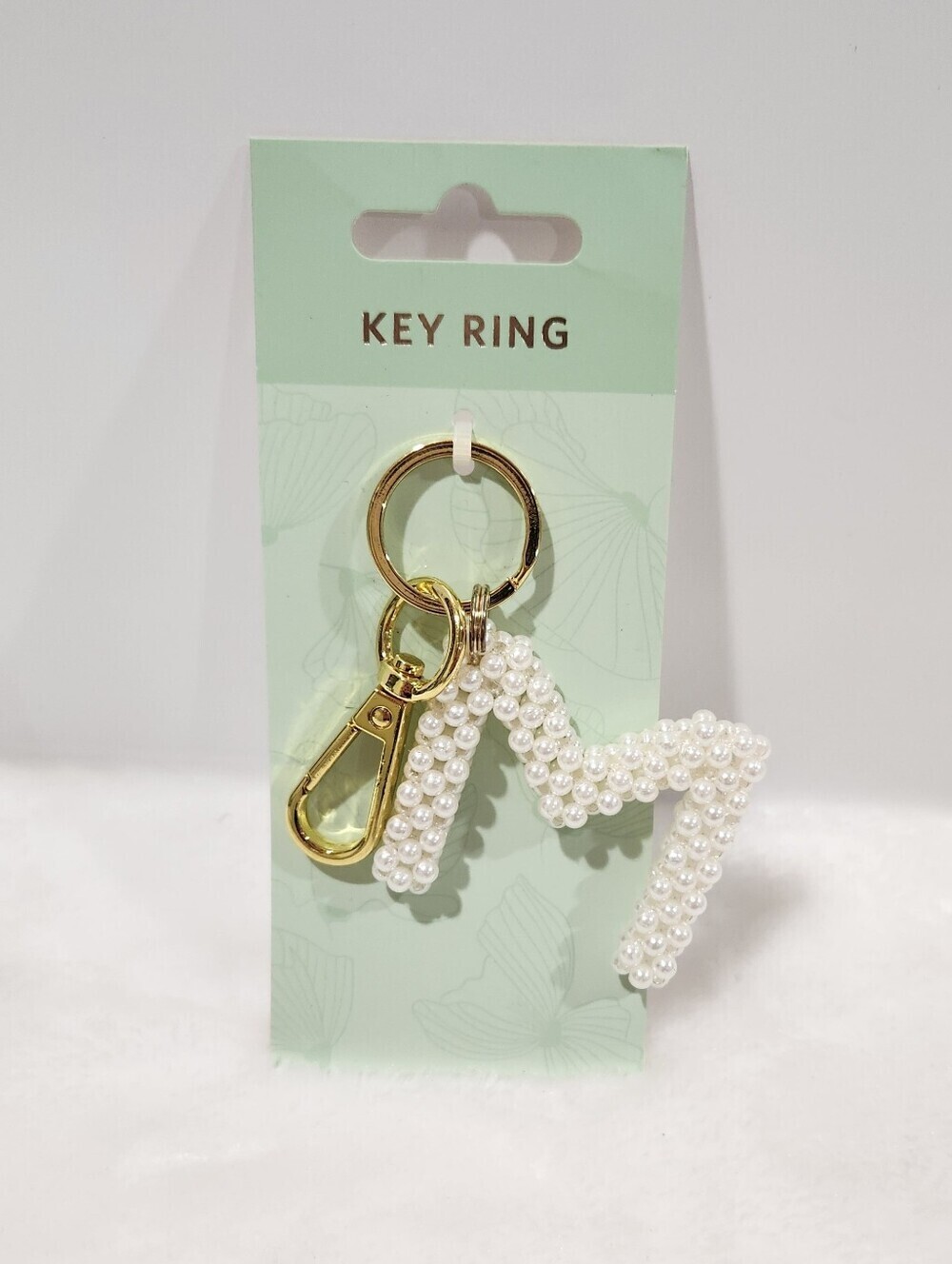 Initial Letter M White Knitted Woven 3D Beaded Pearl Gold Keychain Bag Charm NWT